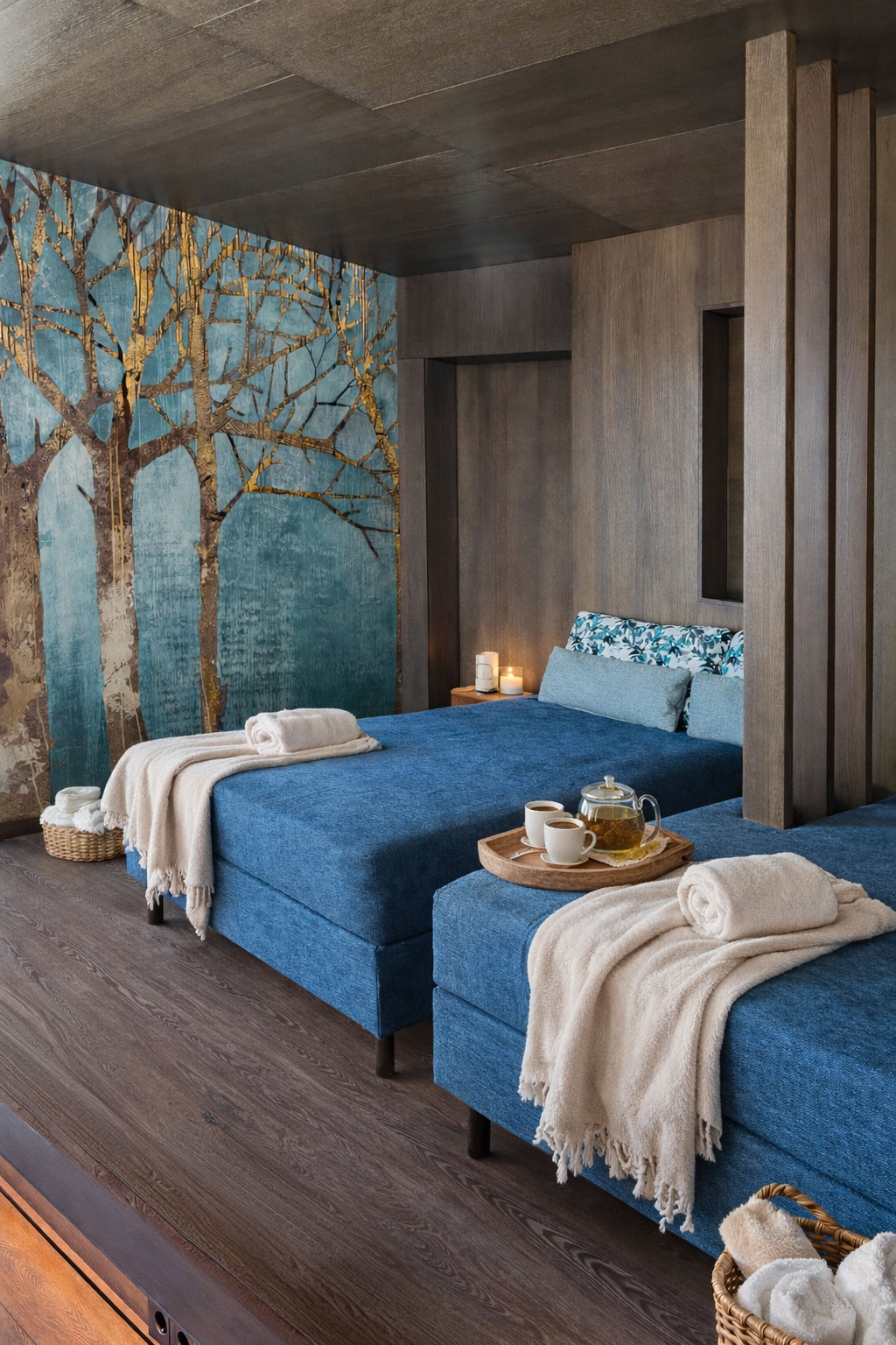 Dekorierter Ruheraum im Spa des Hotels Churfürstenhof Bad Birnbach mit blauen Liegen, Tee, Kerzen und Handtüchern