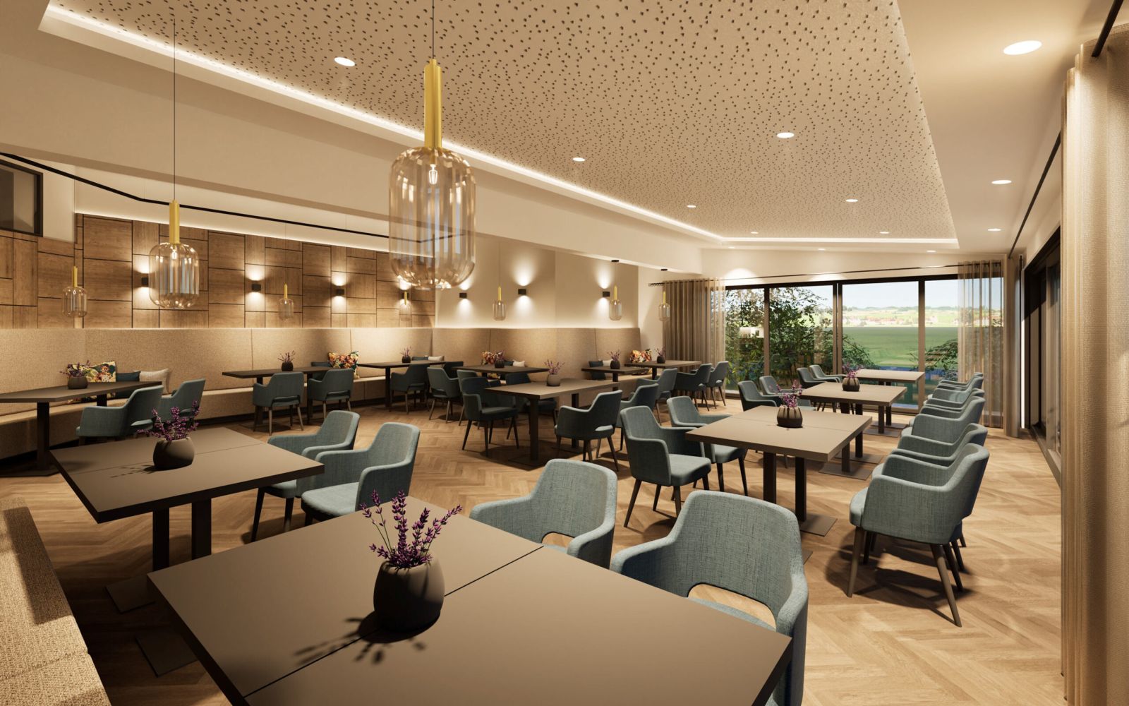 Wintergarten-Restaurant im Hotel Churfürstenhof mit blauen Polsterstühlen, Eichenparkett und Blick ins Grüne