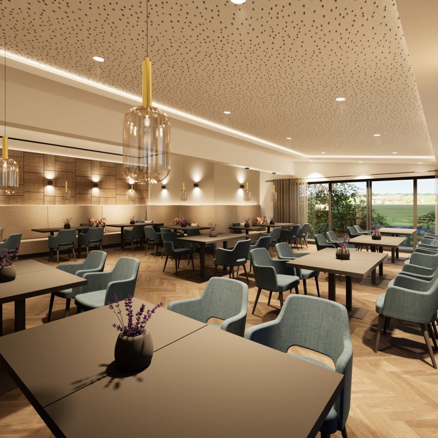Wintergarten-Restaurant im Hotel Churfürstenhof mit blauen Polsterstühlen, Eichenparkett und Blick ins Grüne