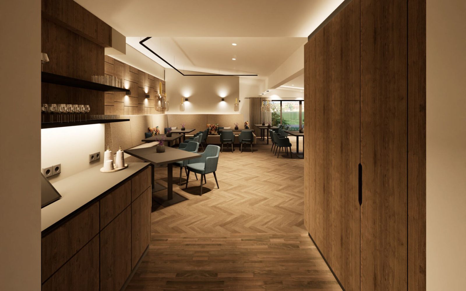 Visualisierung des Restaurants im Hotel Churfürstenhof mit Holzfronten, Fischgrätparkett und blauen Stühlen