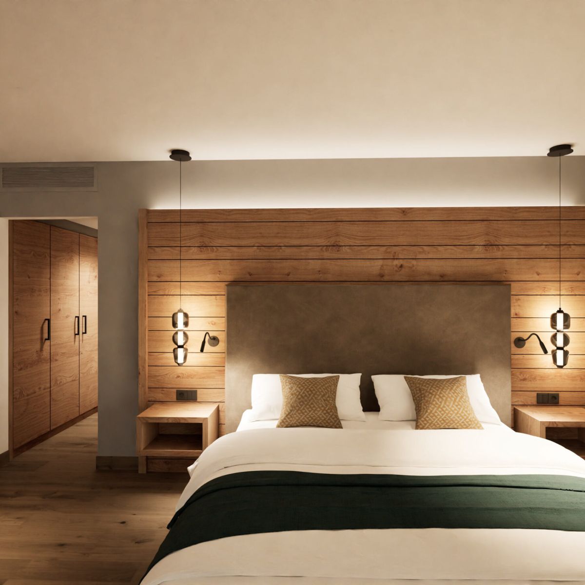 Junior Suite im Hotel Churfürstenhof: Doppelbett vor Holz-Kopfteil mit Pendelleuchten (Visualisierung)