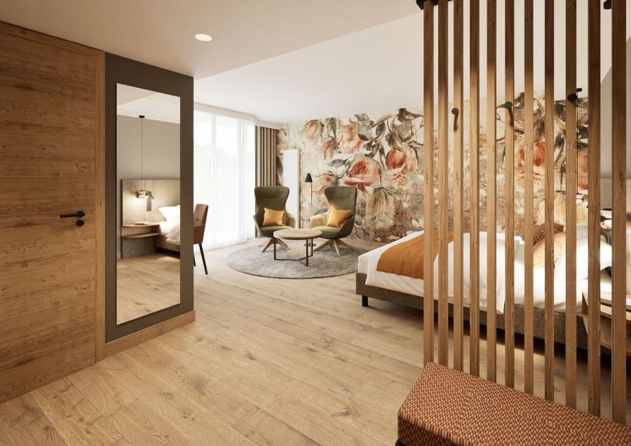 Entrance area of the Prinzess room with mirror, armchairs and floral wallpaper (visualisation)