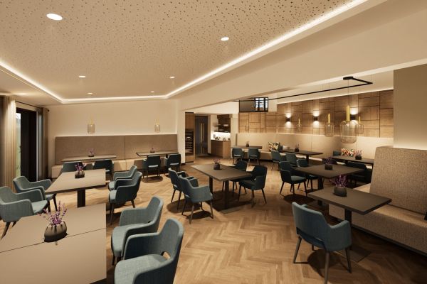 Modern restaurant area at Hotel Churfürstenhof with seating groups and herringbone parquet