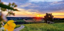 Sonnenuntergang über der hügeligen Wiesenlandschaft Niederbayerns