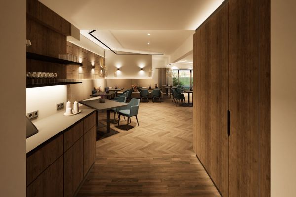 Visualisation of the restaurant at Hotel Churfürstenhof with wooden fronts, herringbone parquet and blue chairs