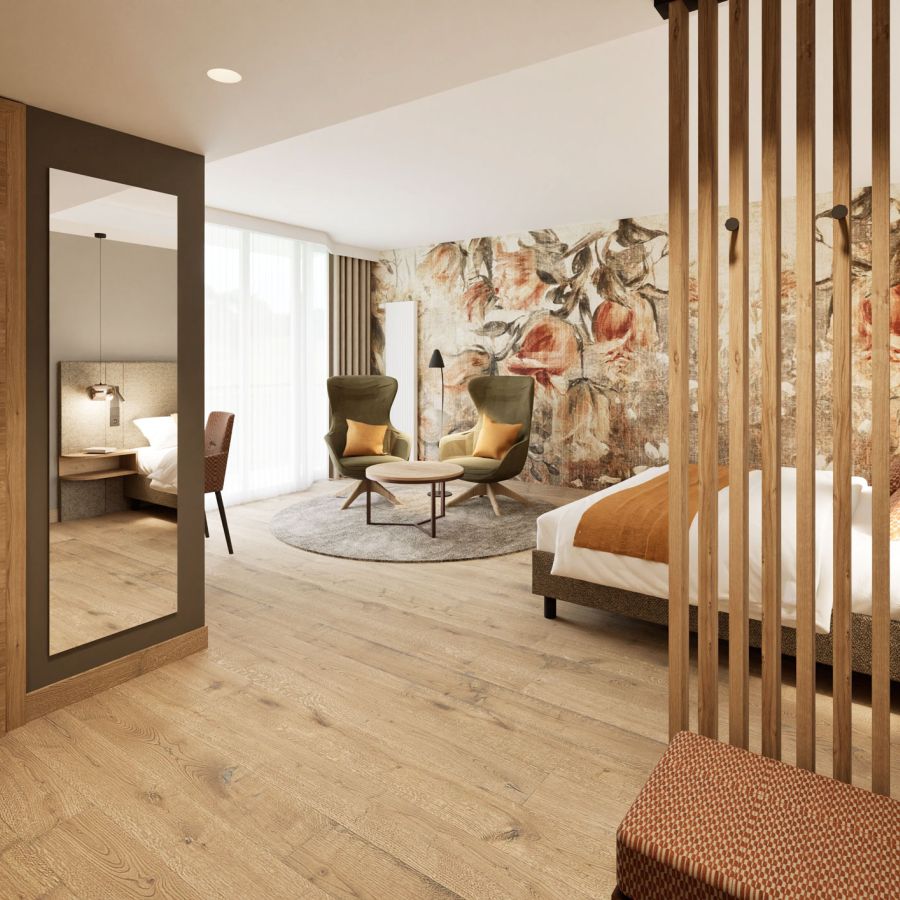 Entrance area of the Prinzess room with mirror, armchairs and floral wallpaper (visualisation)