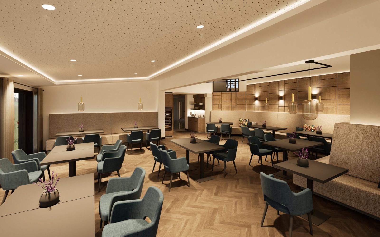 Modern gestalteter Restaurantbereich des Hotel Churfürstenhof mit Klimatisierung